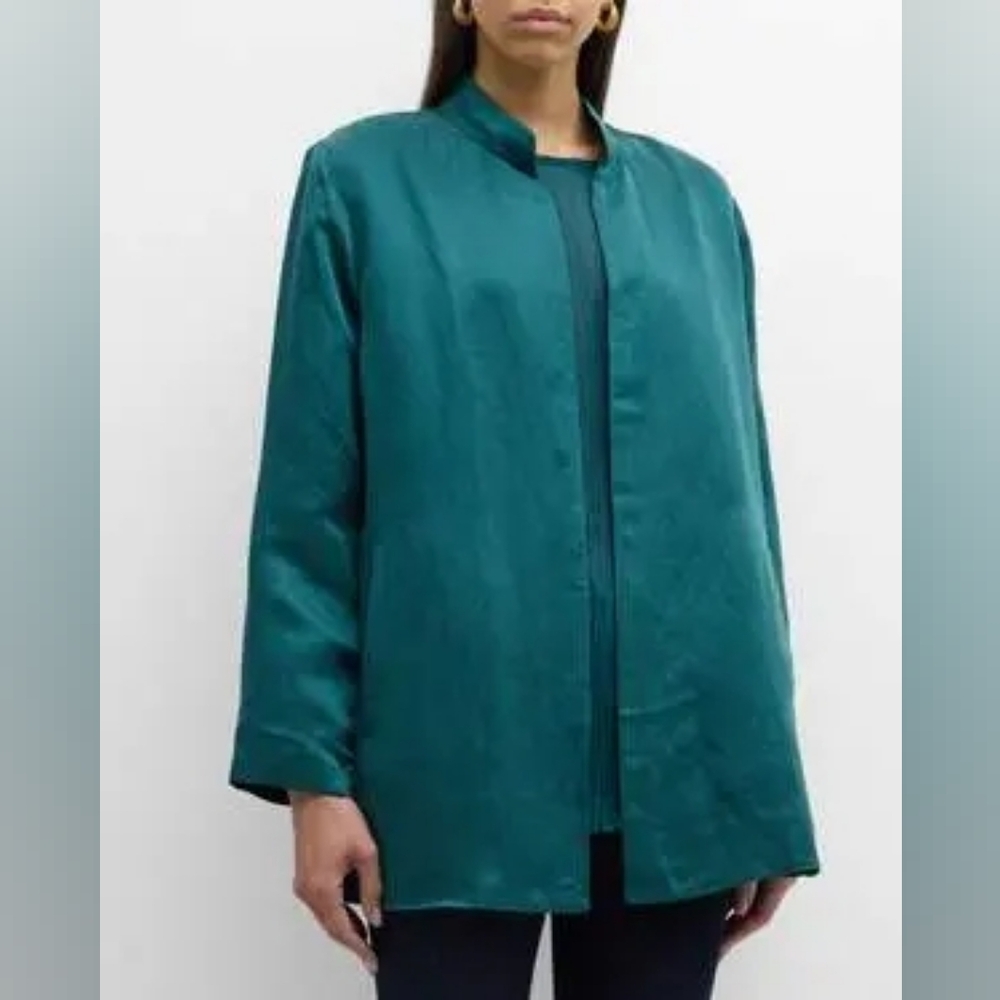 NWT Eileen Fisher Stand Mandarin Collar Jacket Silk Linen Blend Sz XXS Teal